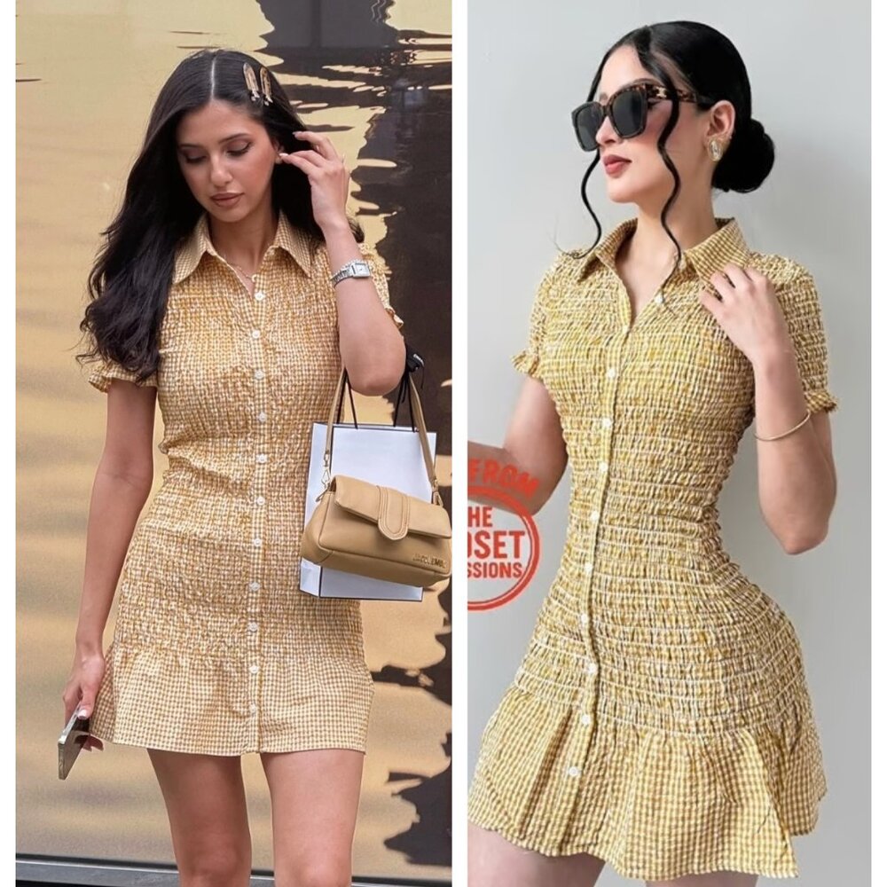 NWT ZARA GINGHAM FRILL DRESS MUSTARD 4661/327